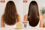 Avant après cheveux avec shampoing solide bio pour cheveux brillants et soyeux
