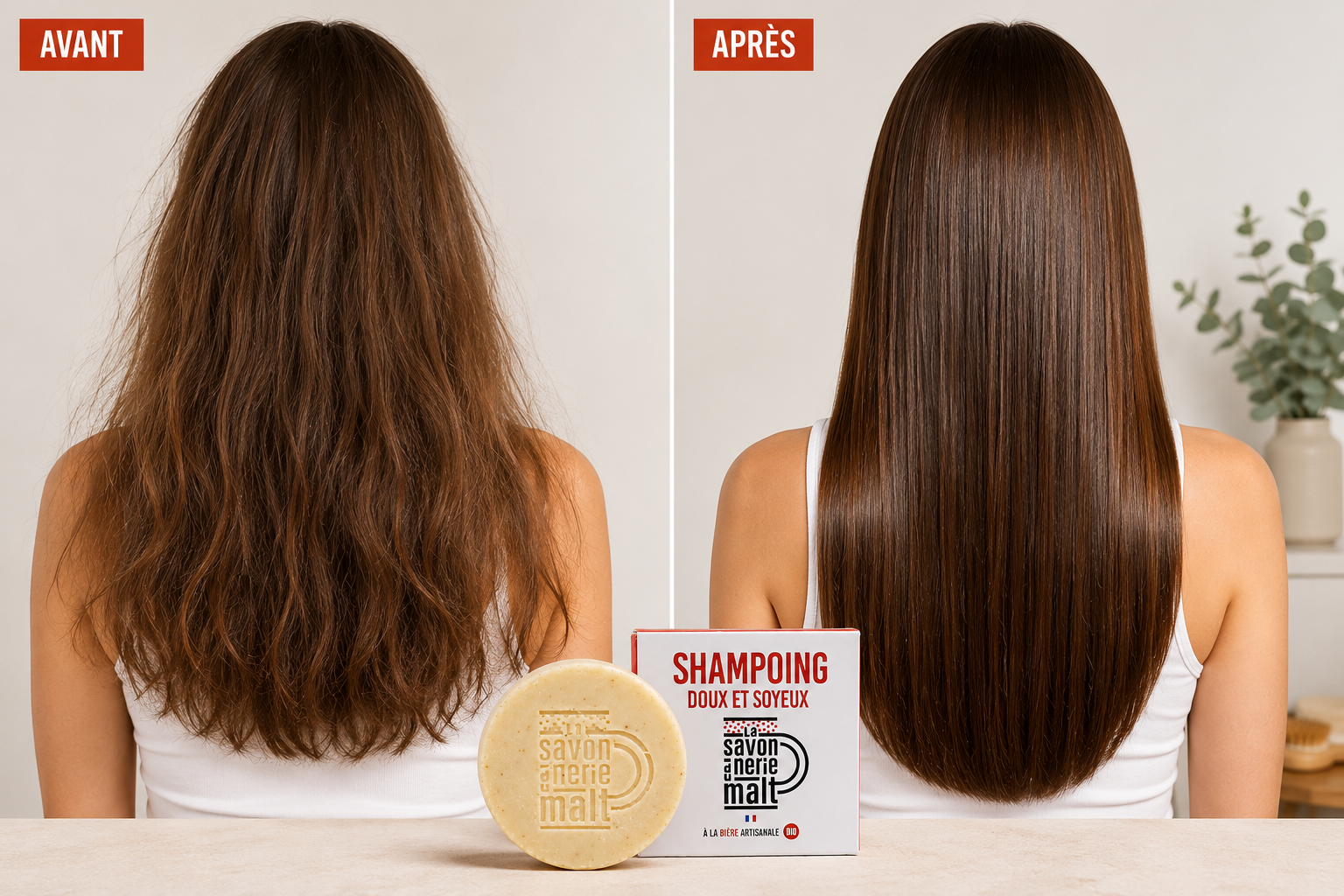 Avant après cheveux avec shampoing solide bio pour cheveux brillants et soyeux