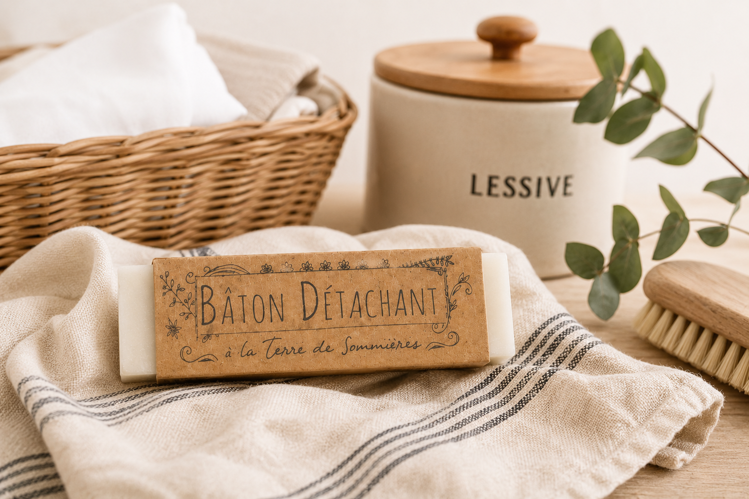 Bâton détachant à la Terre de Sommières sur linge beige ambiance maison naturelle