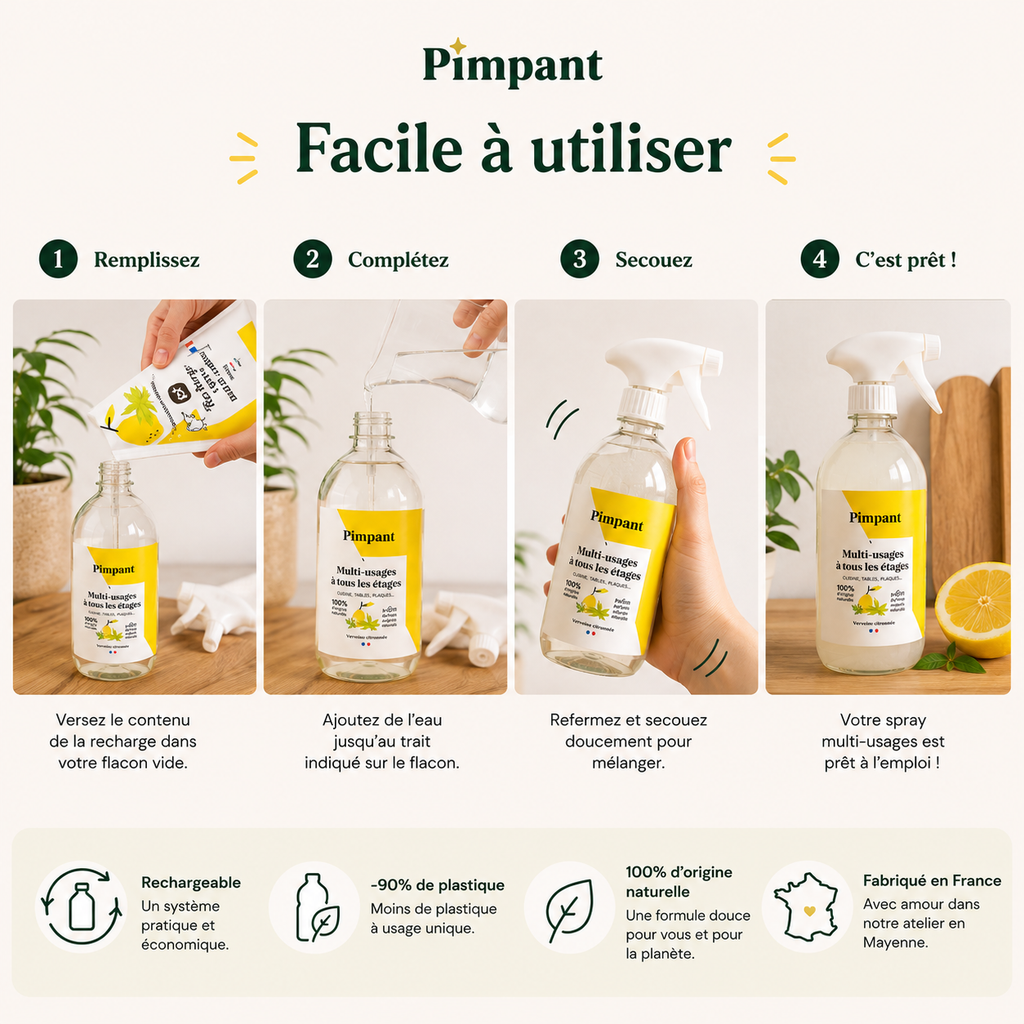 Bouteille Pimpant multi-usages avec formule naturelle et rechargeable