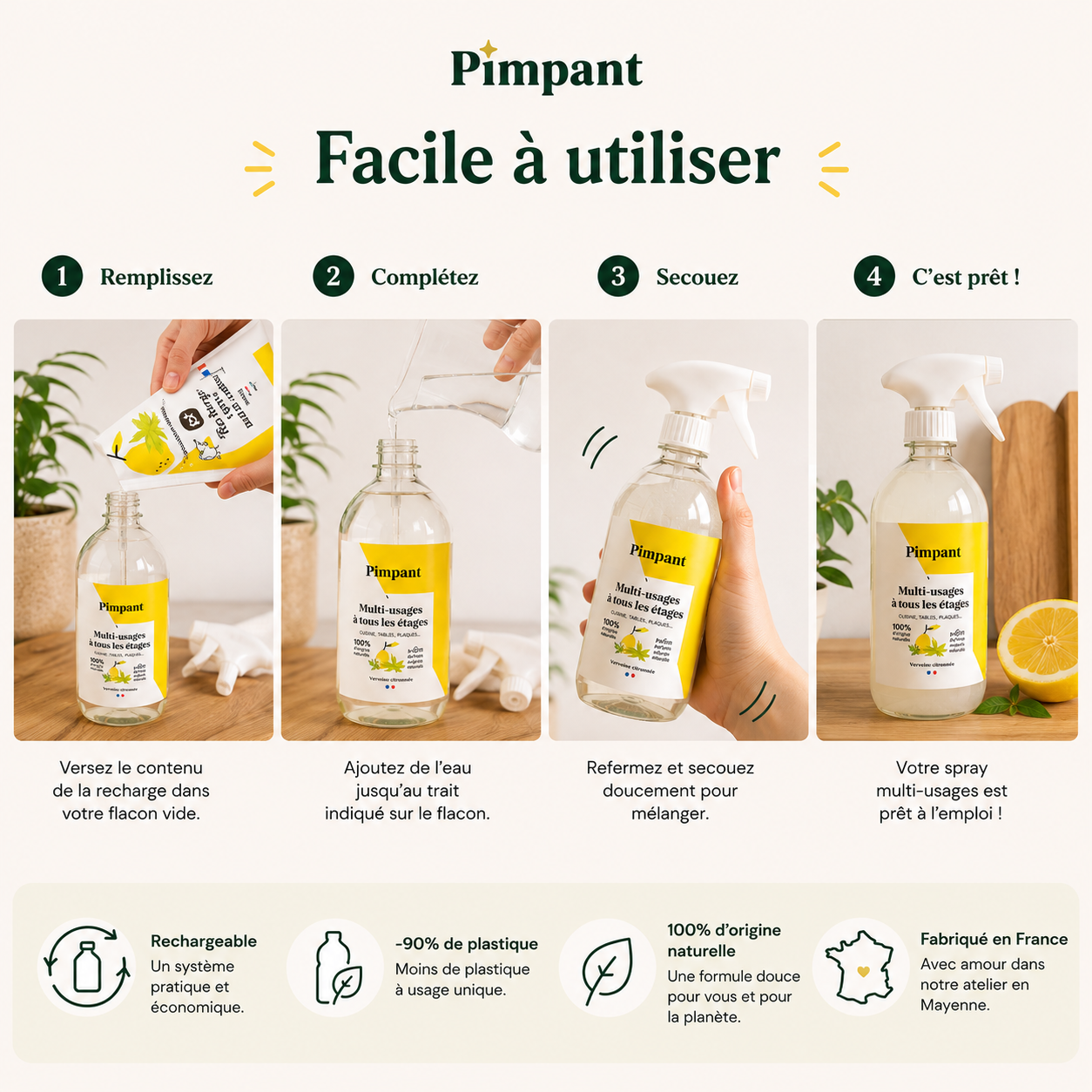 Bouteille Pimpant multi-usages avec formule naturelle et rechargeable