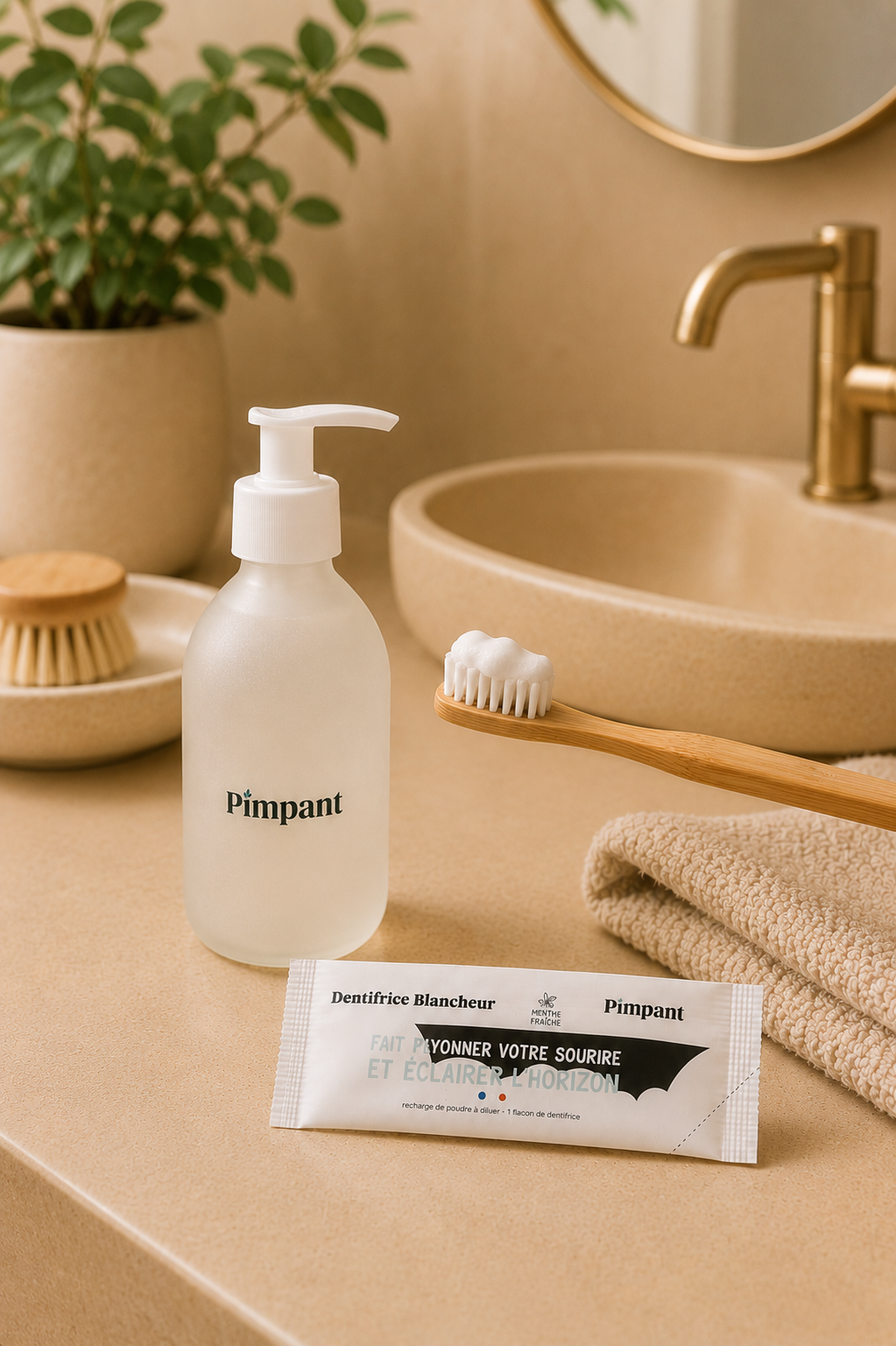 Brosse à dents avec mousse dentifrice Pimpant et flacon pompe rechargeable dans une salle de bain naturelle