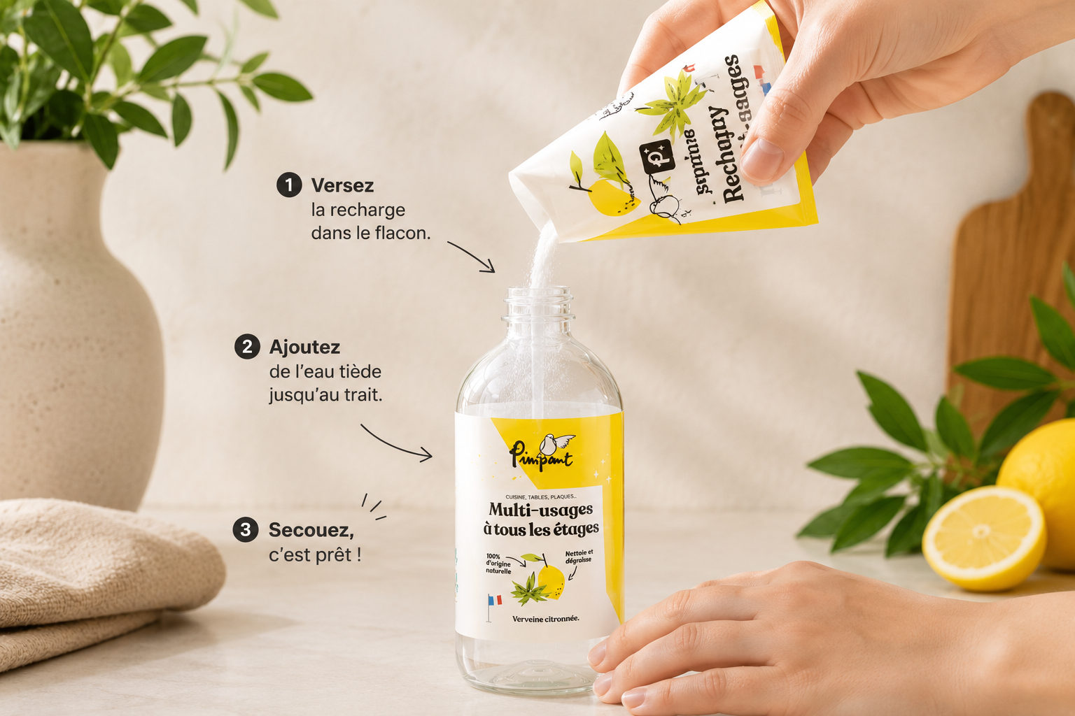 Comment préparer le spray multi-usages Pimpant avec la recharge à diluer