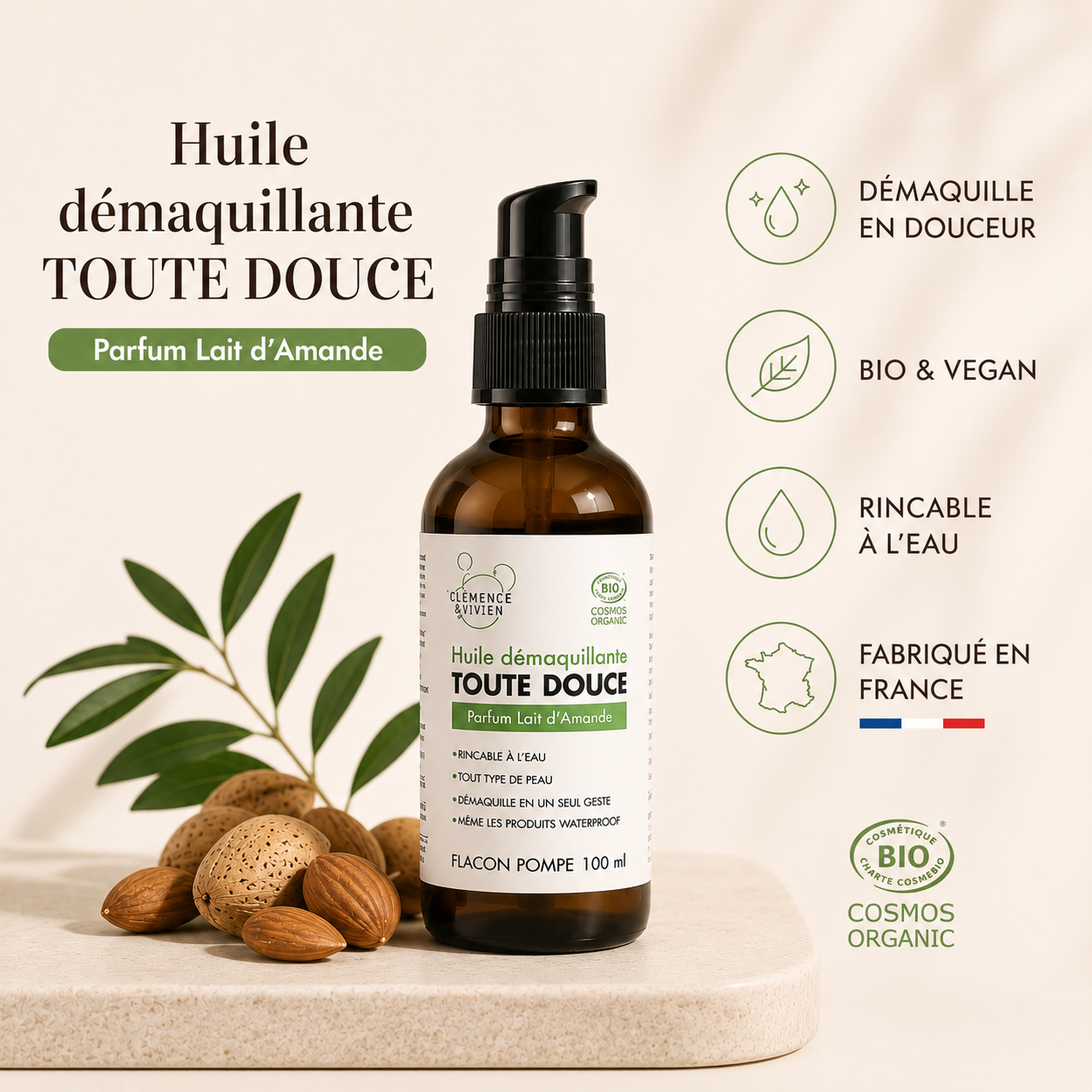 Cosmétique bio français huile démaquillante Clémence & Vivien 100ml