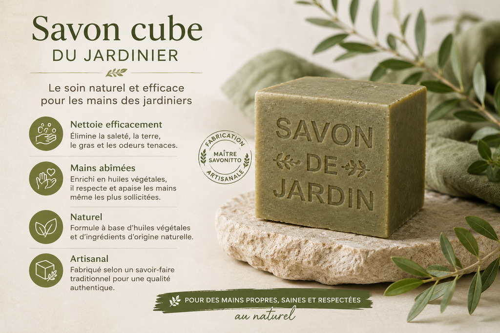Cosmétique naturel jardinier avec illustration bénéfices et texture artisanale