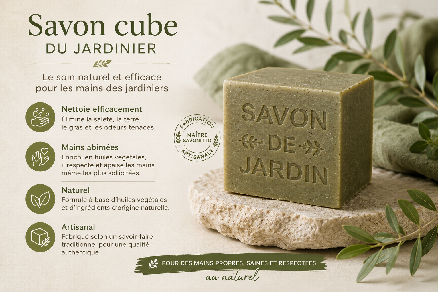 Cosmétique naturel jardinier avec illustration bénéfices et texture artisanale