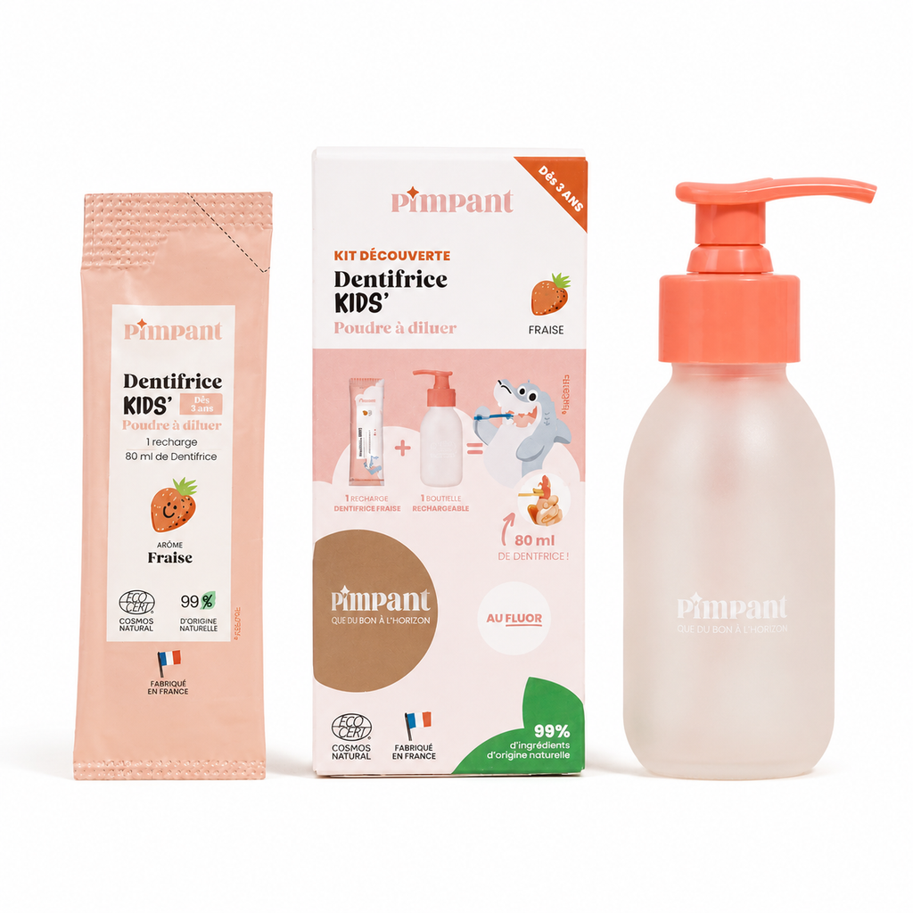 Dentifrice Kids fraise en poudre à diluer avec flacon rechargeable Pimpant et fraises fraîches