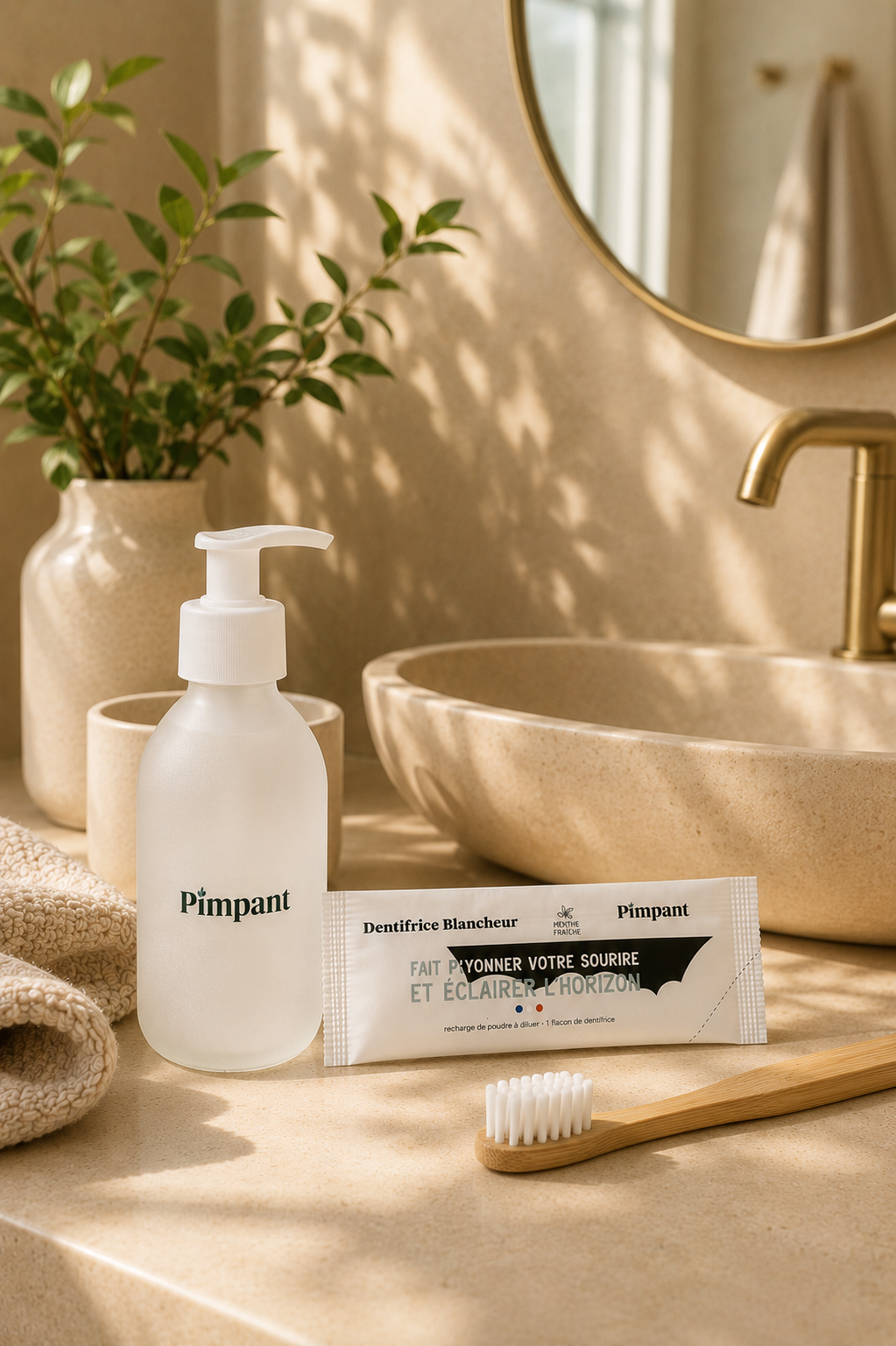Dentifrice blancheur Pimpant avec flacon rechargeable dans une salle de bain beige ambiance spa premium