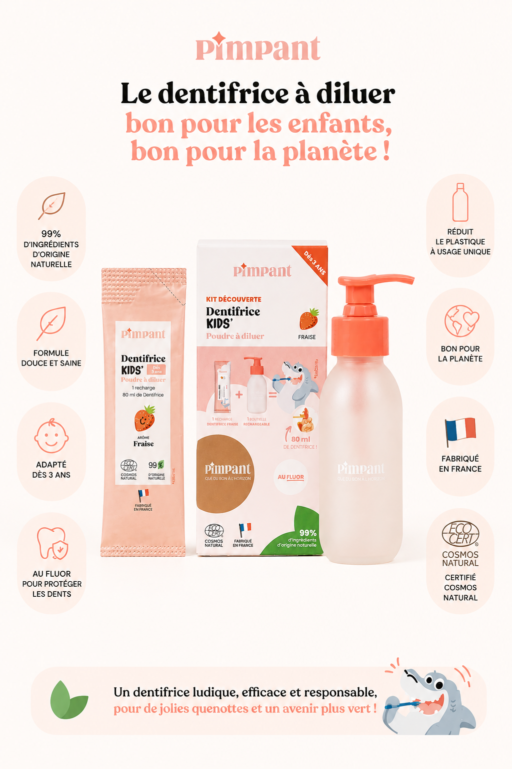 Dentifrice enfant arôme fraise avec recharge en poudre et ingrédients d’origine naturelle