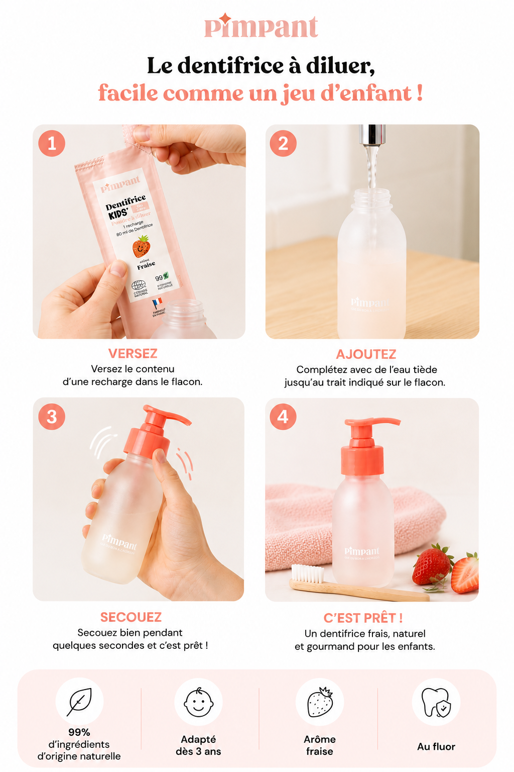 Flacon rechargeable dentifrice Kids Pimpant parfum fraise sur fond beige minimaliste
