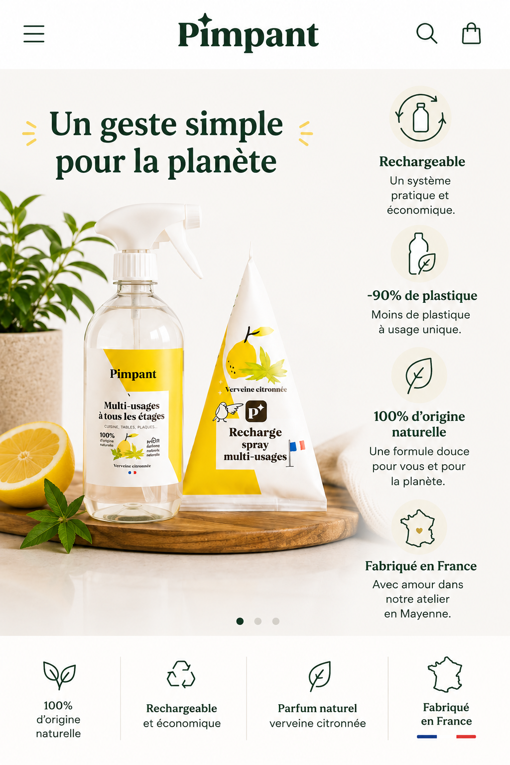 Flacon spray écologique Pimpant fabriqué en France pour entretien maison