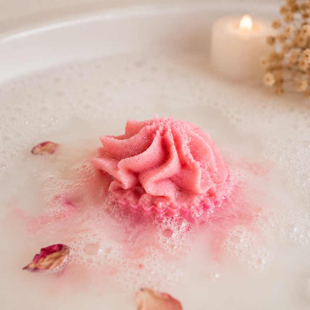 Fondant de bain cupcake rose dans une baignoire ambiance spa cocooning