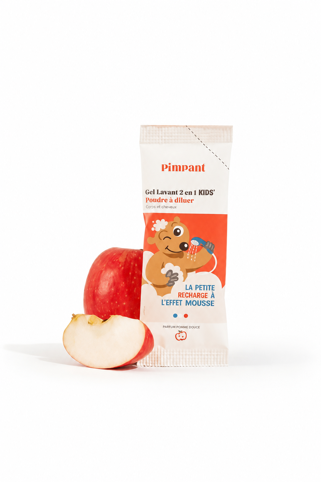 Gel lavant 2 en 1 KIDS’ Pimpant en poudre à diluer parfum pomme douce avec visuels ingrédients et mousse enfant