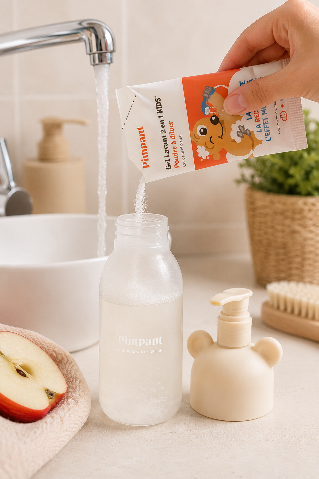 Gel lavant corps et cheveux enfant rechargeable Pimpant format poudre à diluer sur fond doux minimaliste