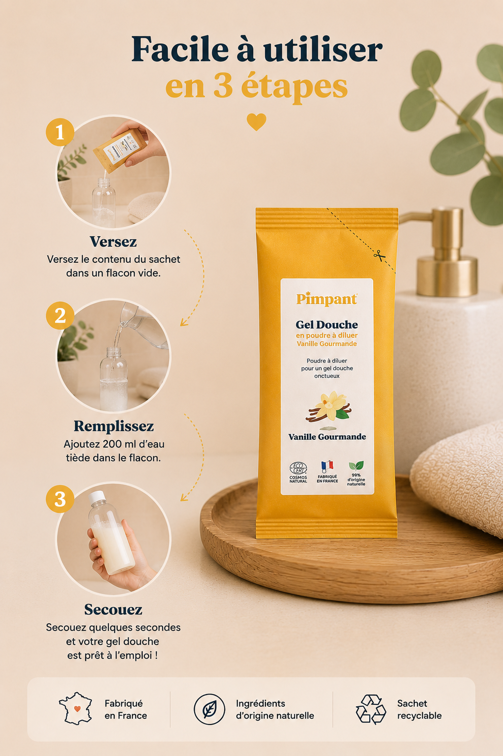 Guide d’utilisation du gel douche en poudre Pimpant en 3 étapes avec illustrations et flacon rechargeable.