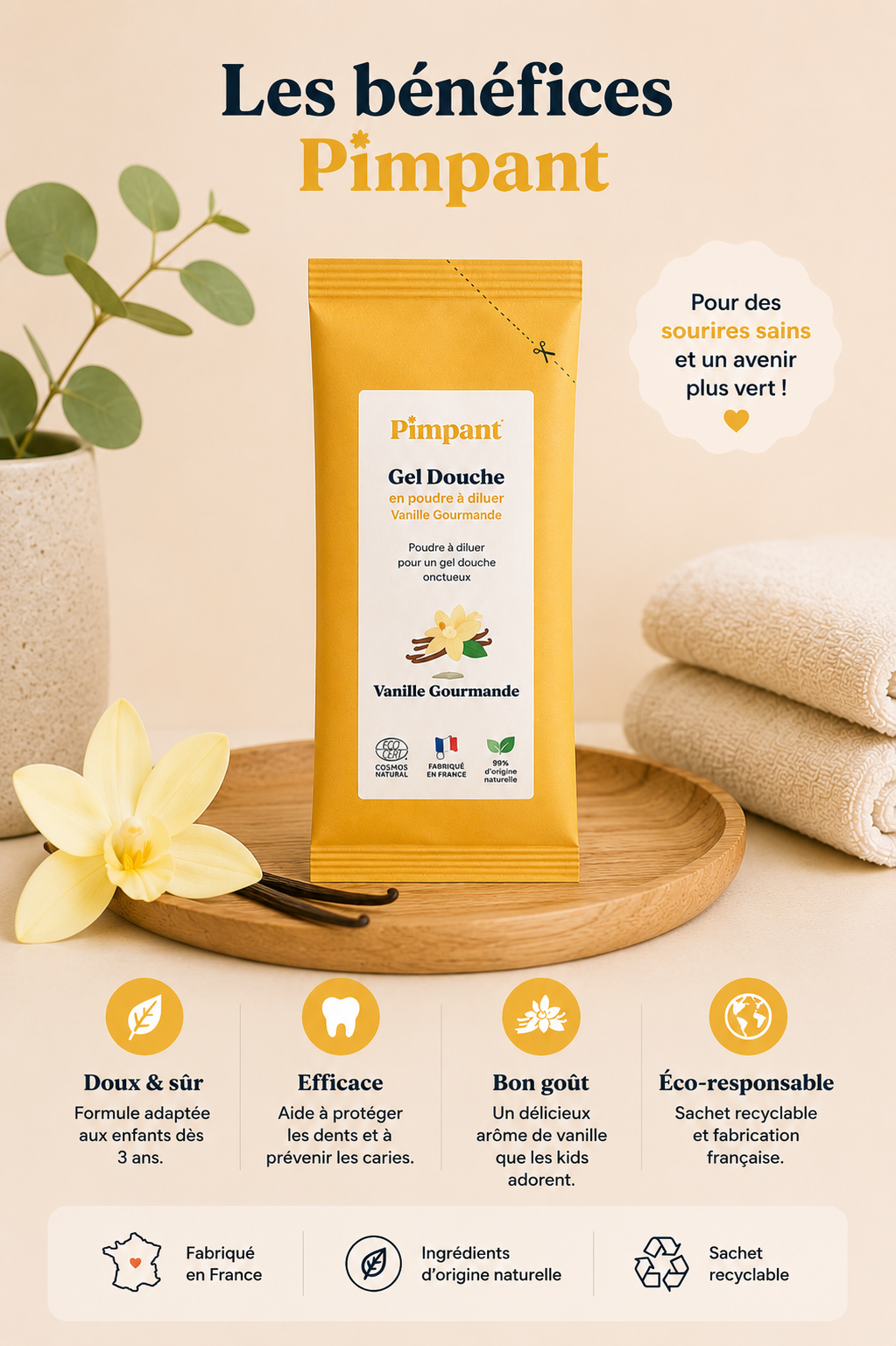 Infographie des bénéfices du gel douche en poudre Pimpant : naturel, recyclable, fabriqué en France et pratique.