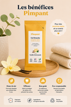 Infographie des bénéfices du gel douche en poudre Pimpant : naturel, recyclable, fabriqué en France et pratique.