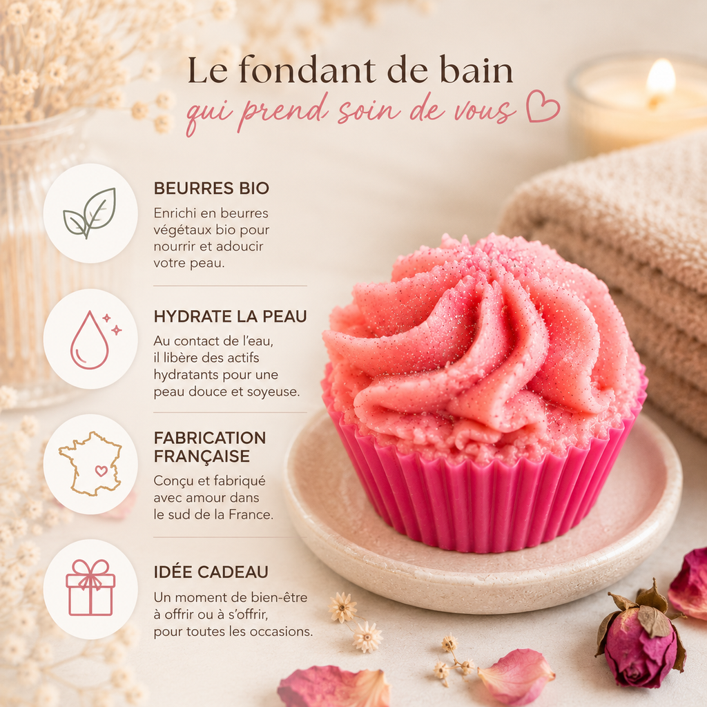 Infographie fondant de bain hydratant fabriqué en France
