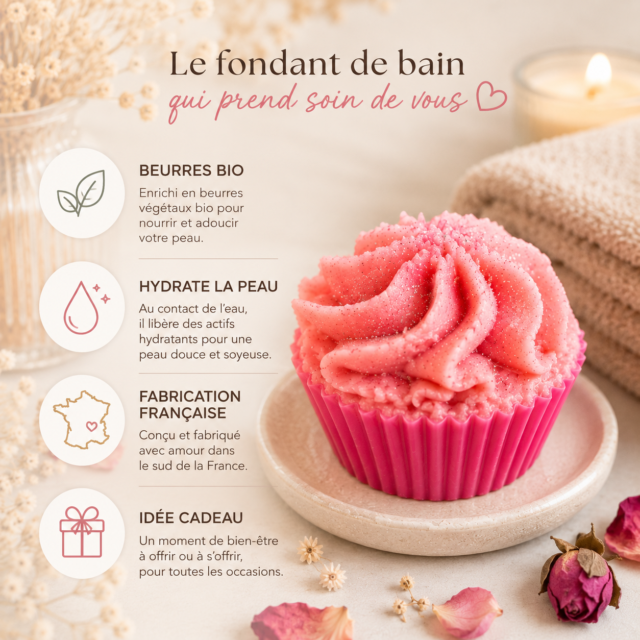 Infographie fondant de bain hydratant fabriqué en France