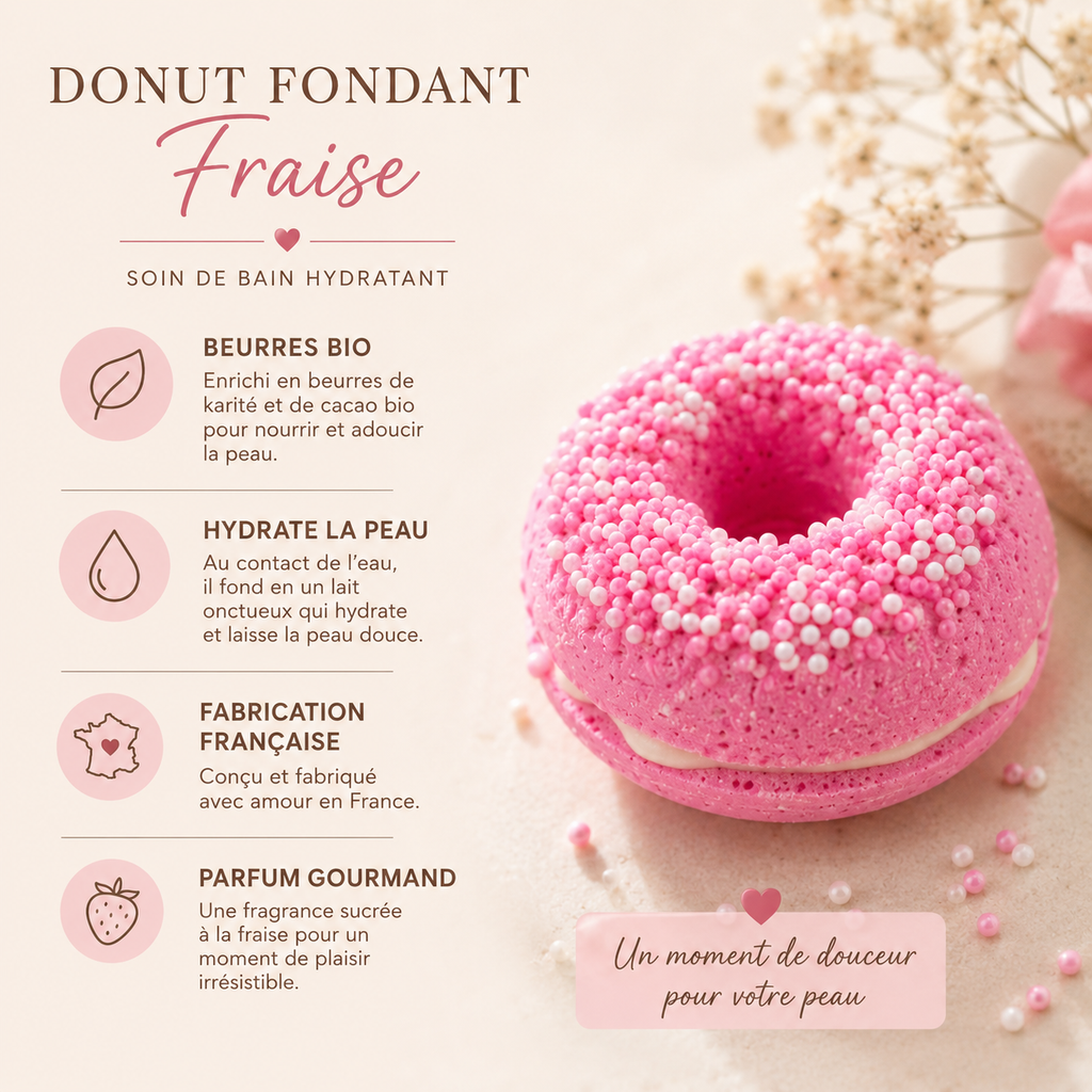 Infographie fondant donut fraise hydratant et parfumé