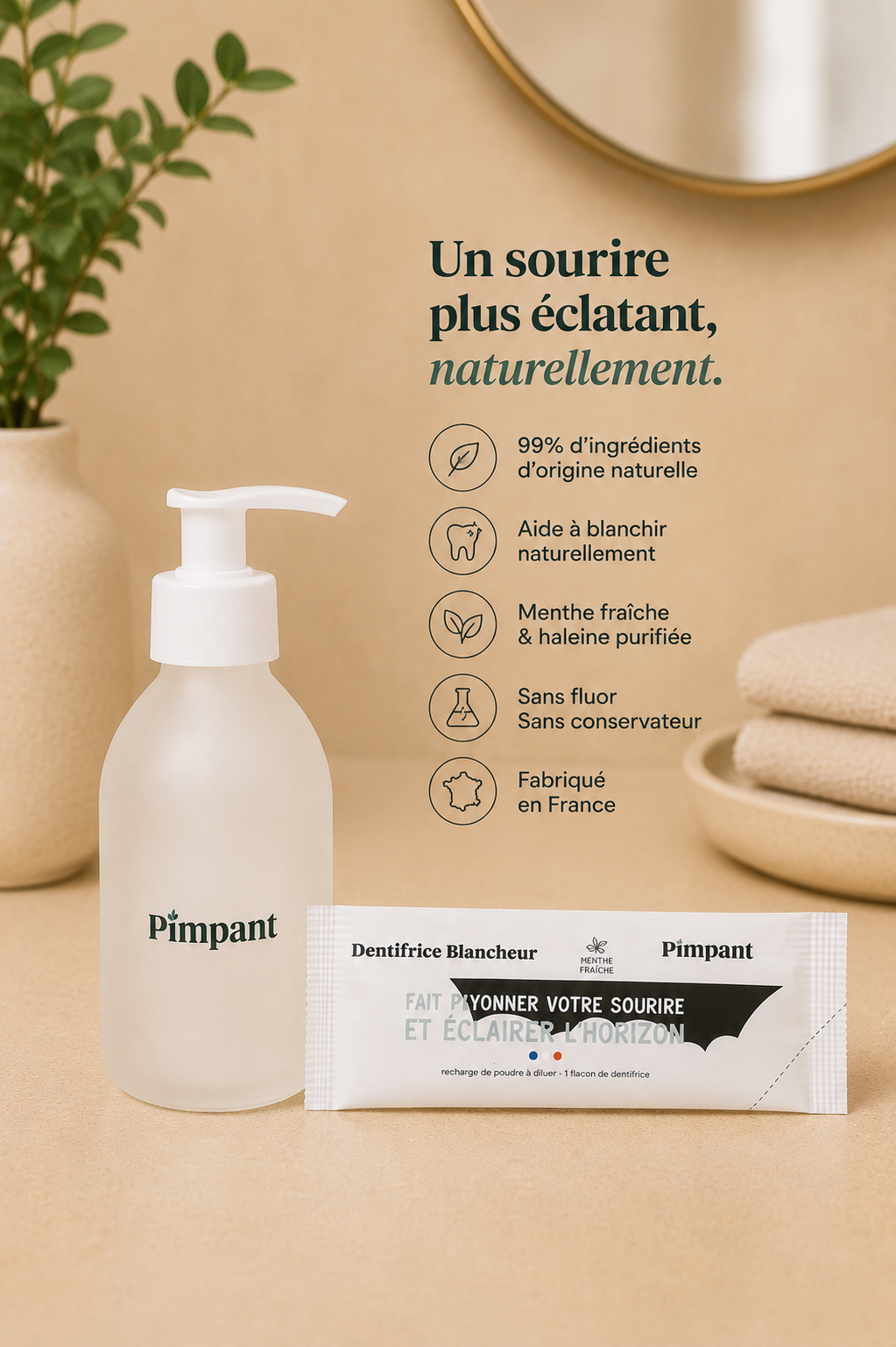 Infographie mobile dentifrice blancheur Pimpant avec bénéfices naturels et rechargeables