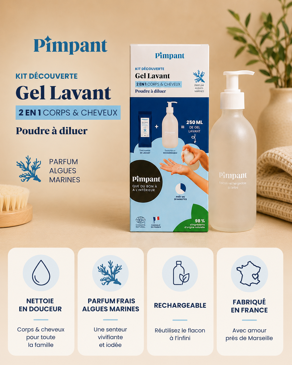 Infographie mobile kit découverte gel lavant Pimpant avec bénéfices rechargeables et ingrédients naturels