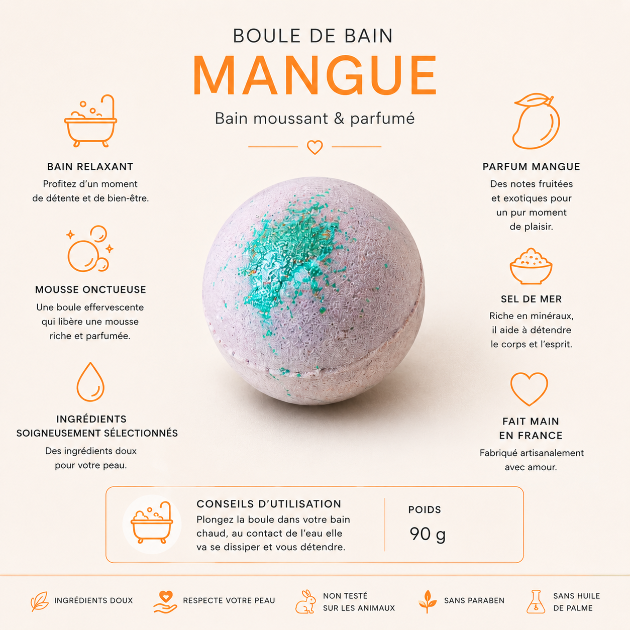Infographie produit boule de bain mangue avec informations, bienfaits et utilisation.