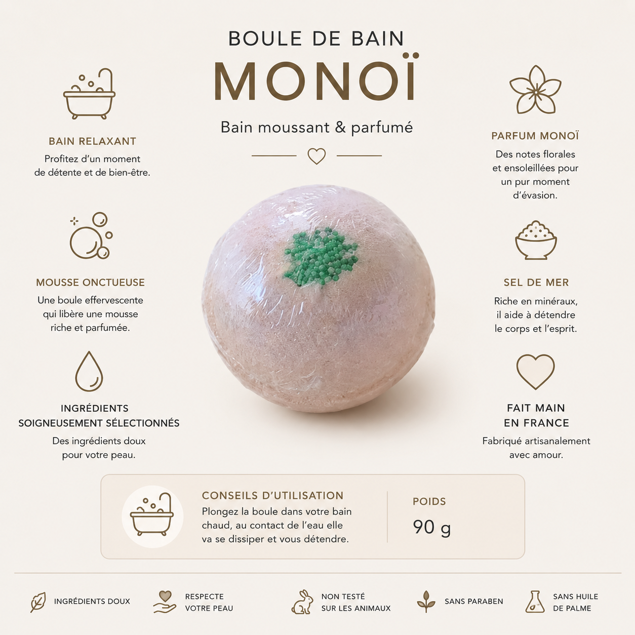 Infographie produit boule de bain monoï artisanale avec bienfaits, conseils d’utilisation et composition.