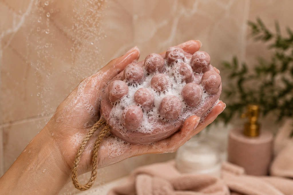 Infographie produit cosmétique naturel avec savon exfoliant premium