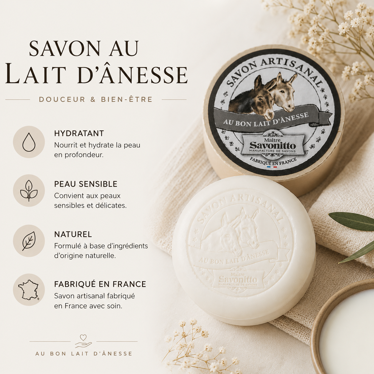 Infographie savon au lait d’ânesse naturel hydratant fabriqué en France