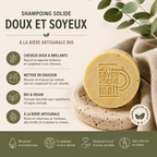 Infographie shampoing solide doux et soyeux avec bénéfices naturels et vegan