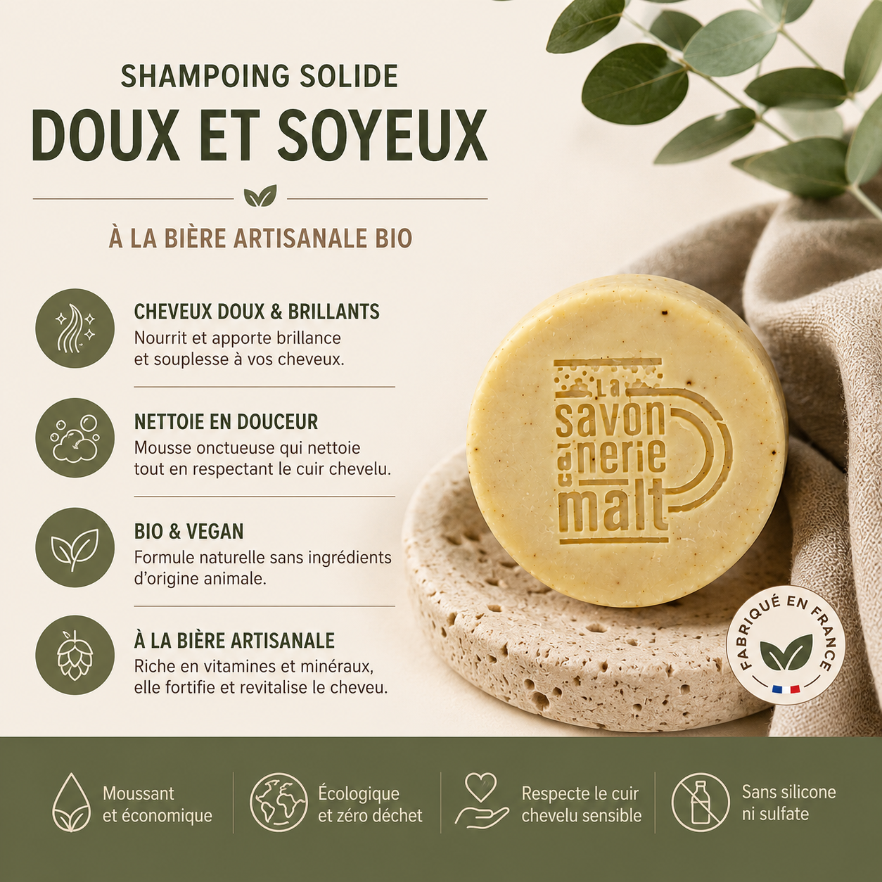 Infographie shampoing solide doux et soyeux avec bénéfices naturels et vegan