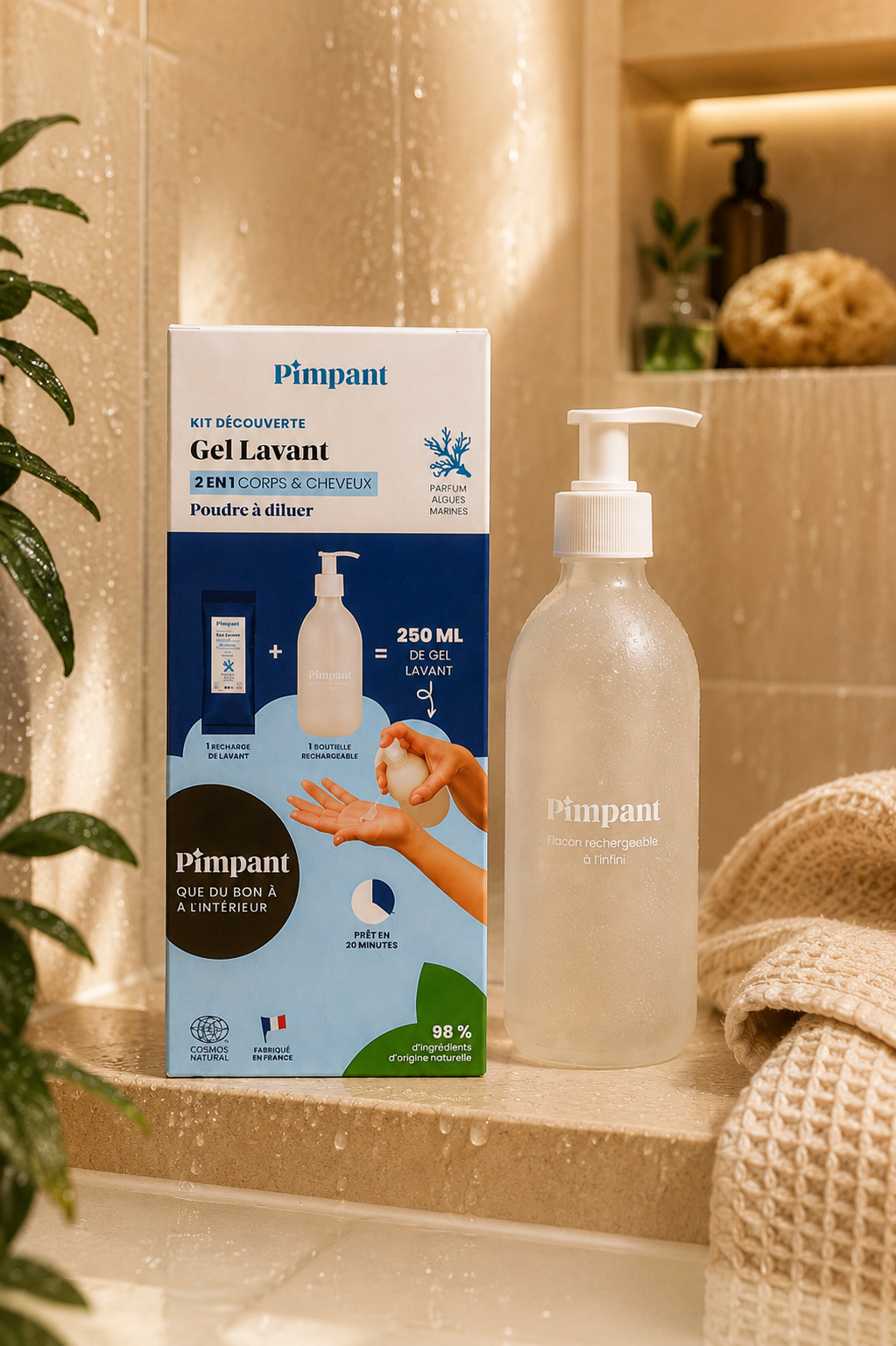 Kit découverte gel lavant Pimpant et flacon rechargeable dans une salle de bain beige ambiance spa naturelle