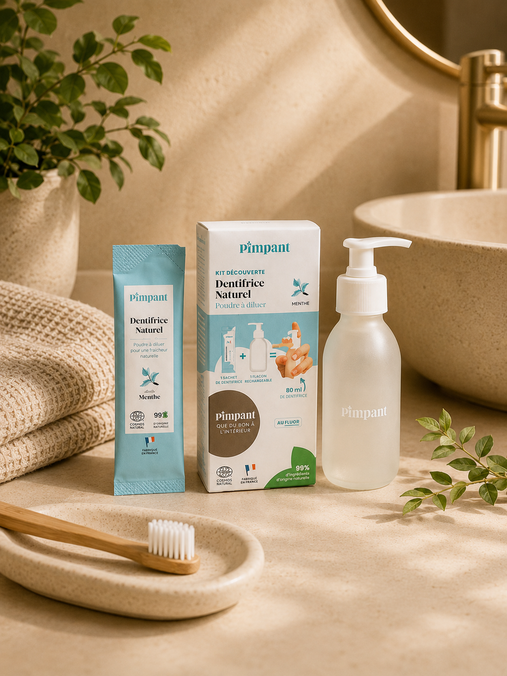 Kit dentifrice naturel Pimpant avec flacon rechargeable dans une salle de bain beige ambiance spa naturelle