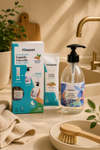 Kit liquide vaisselle Pimpant avec flacon rechargeable dans une cuisine beige ambiance naturelle premium