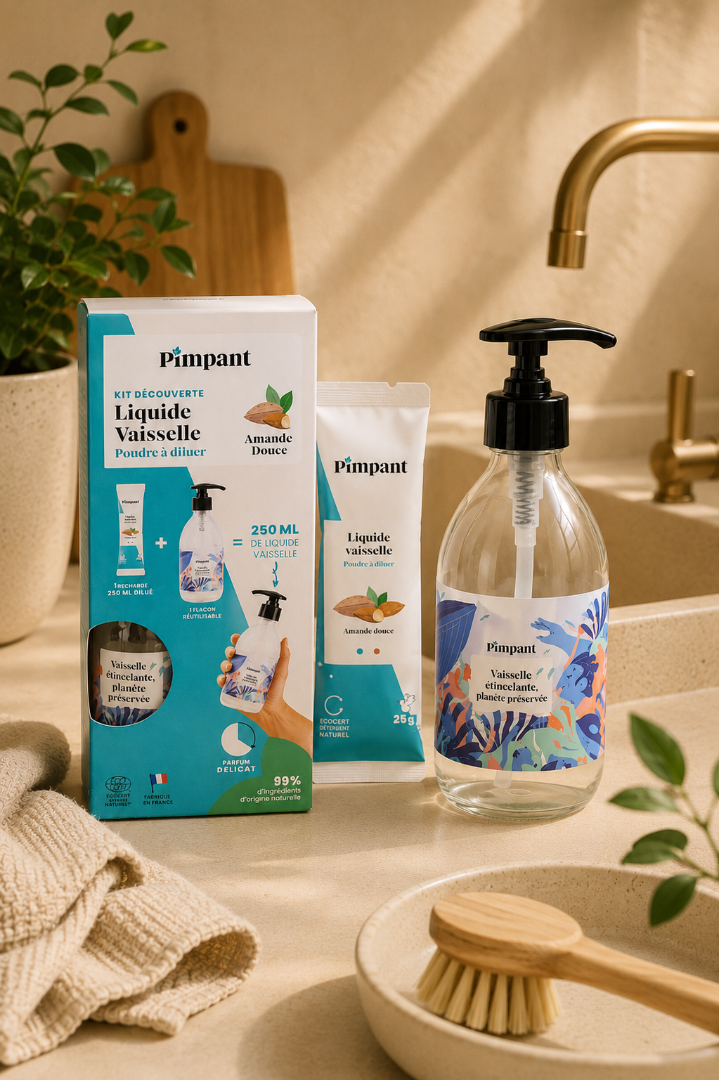 Kit liquide vaisselle Pimpant avec flacon rechargeable dans une cuisine beige ambiance naturelle premium