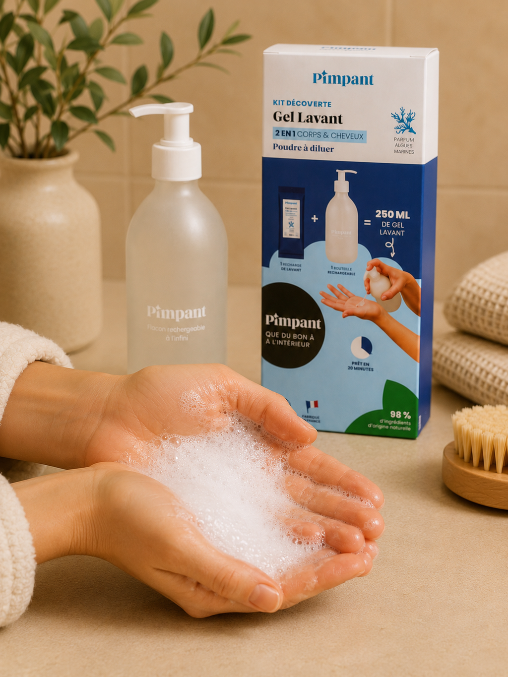Mousse gel lavant Pimpant dans les mains avec kit découverte et flacon rechargeable en arrière-plan