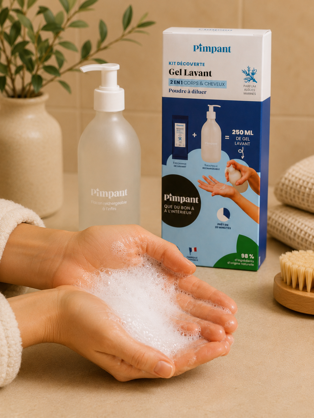 Mousse gel lavant Pimpant dans les mains avec kit découverte et flacon rechargeable en arrière-plan