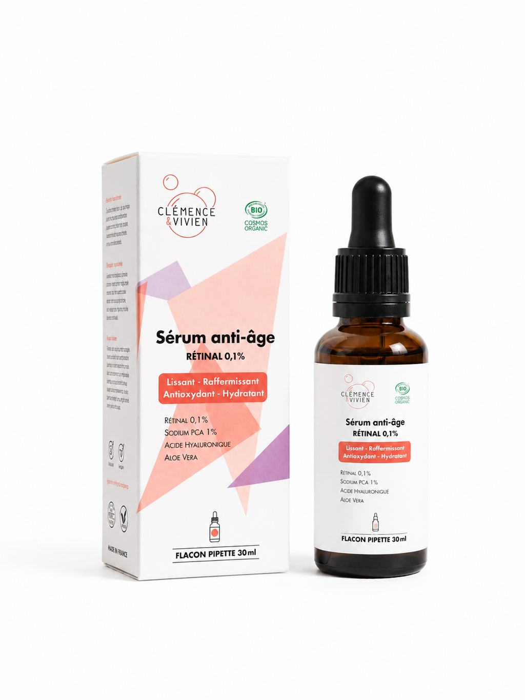 Packaging sérum anti-âge rétinal 0,1 % bio Clémence & Vivien avec acide hyaluronique