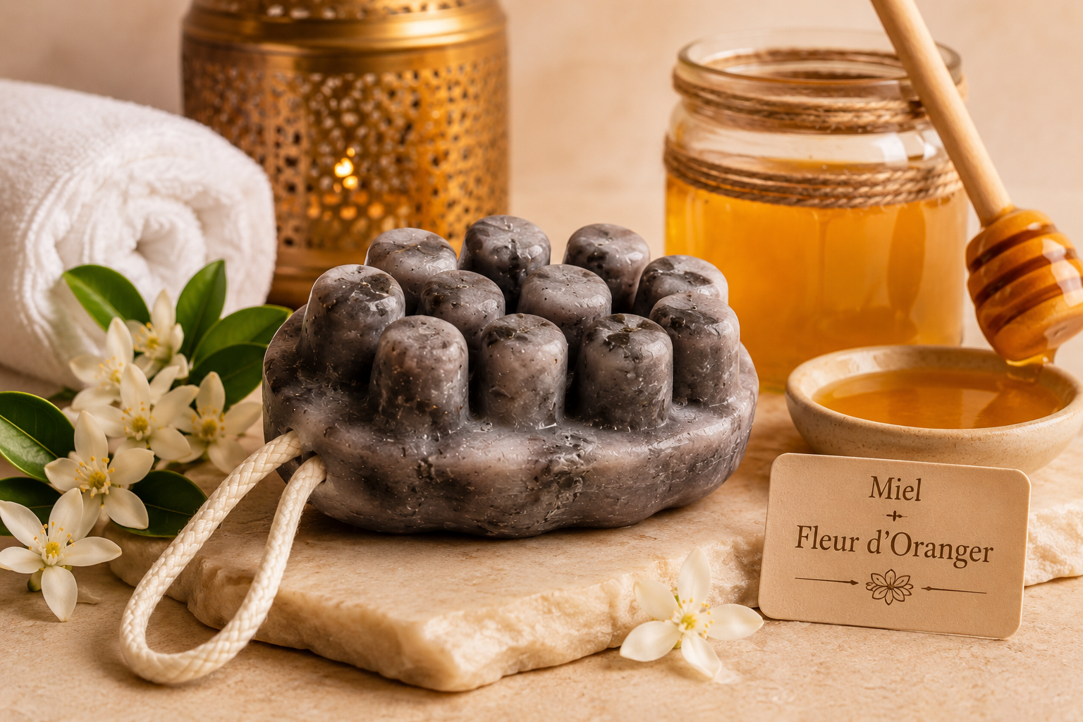 Photo lifestyle spa orientale avec savon exfoliant et ambiance relaxante