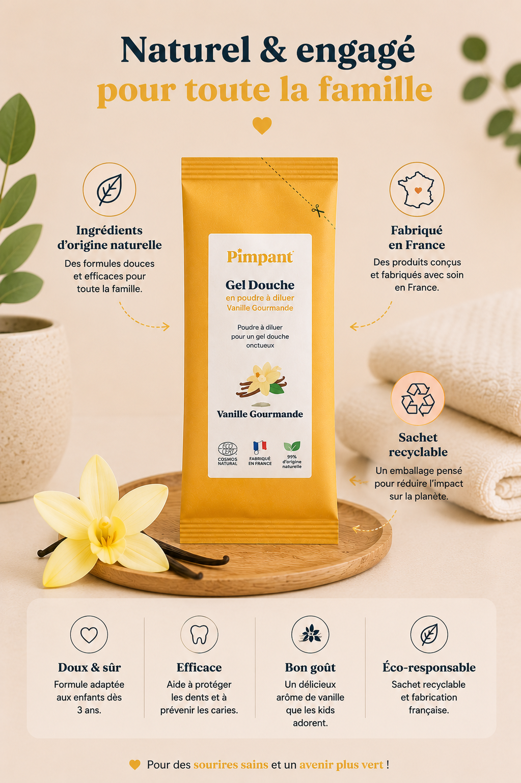 Présentation écologique du gel douche en poudre Pimpant vanille gourmande avec ingrédients naturels et emballage recyclable.