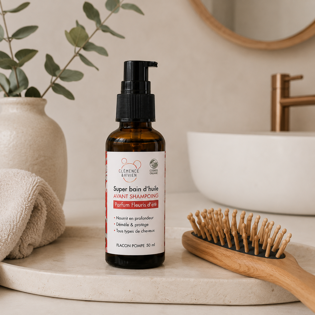 Produit capillaire nourrissant posé près d’une brosse à cheveux en bois