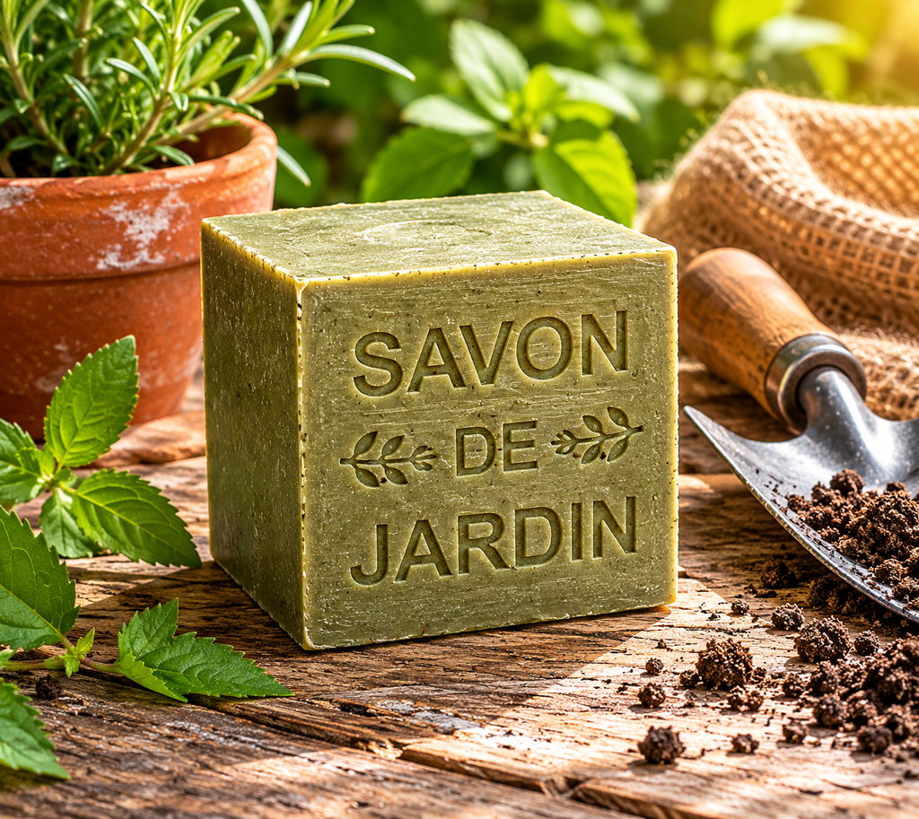 Produit savon cube végétal avec ambiance nature et feuilles vertes