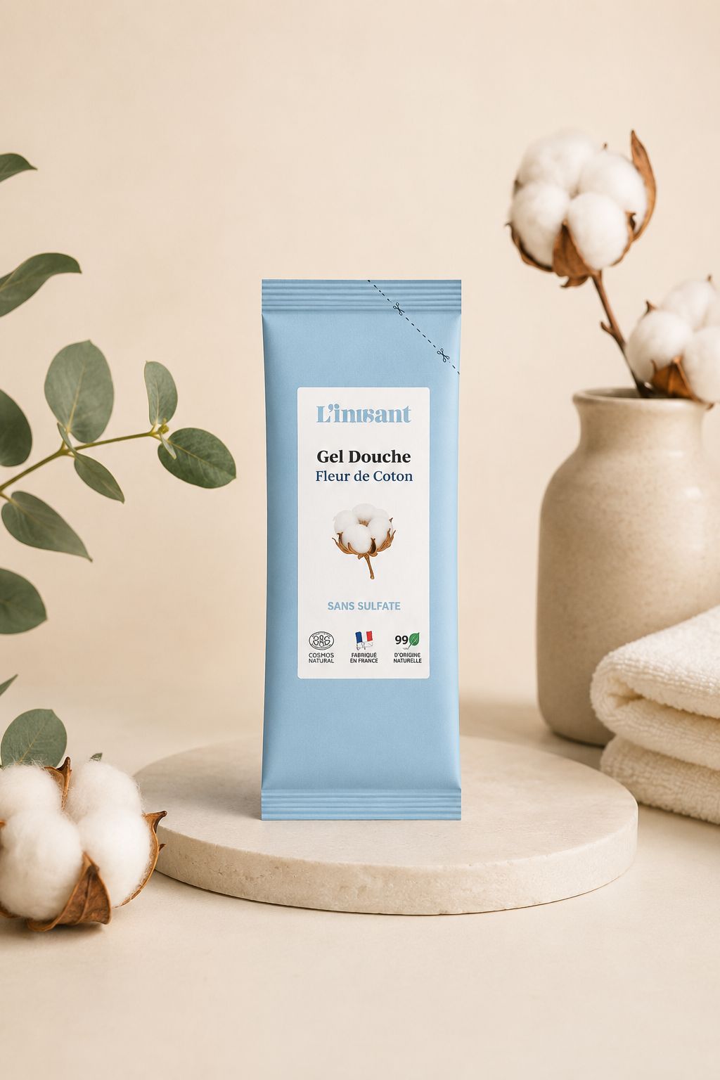 Recharge de gel douche en poudre Pimpant senteur vanille gourmande sur fond beige minimaliste.
