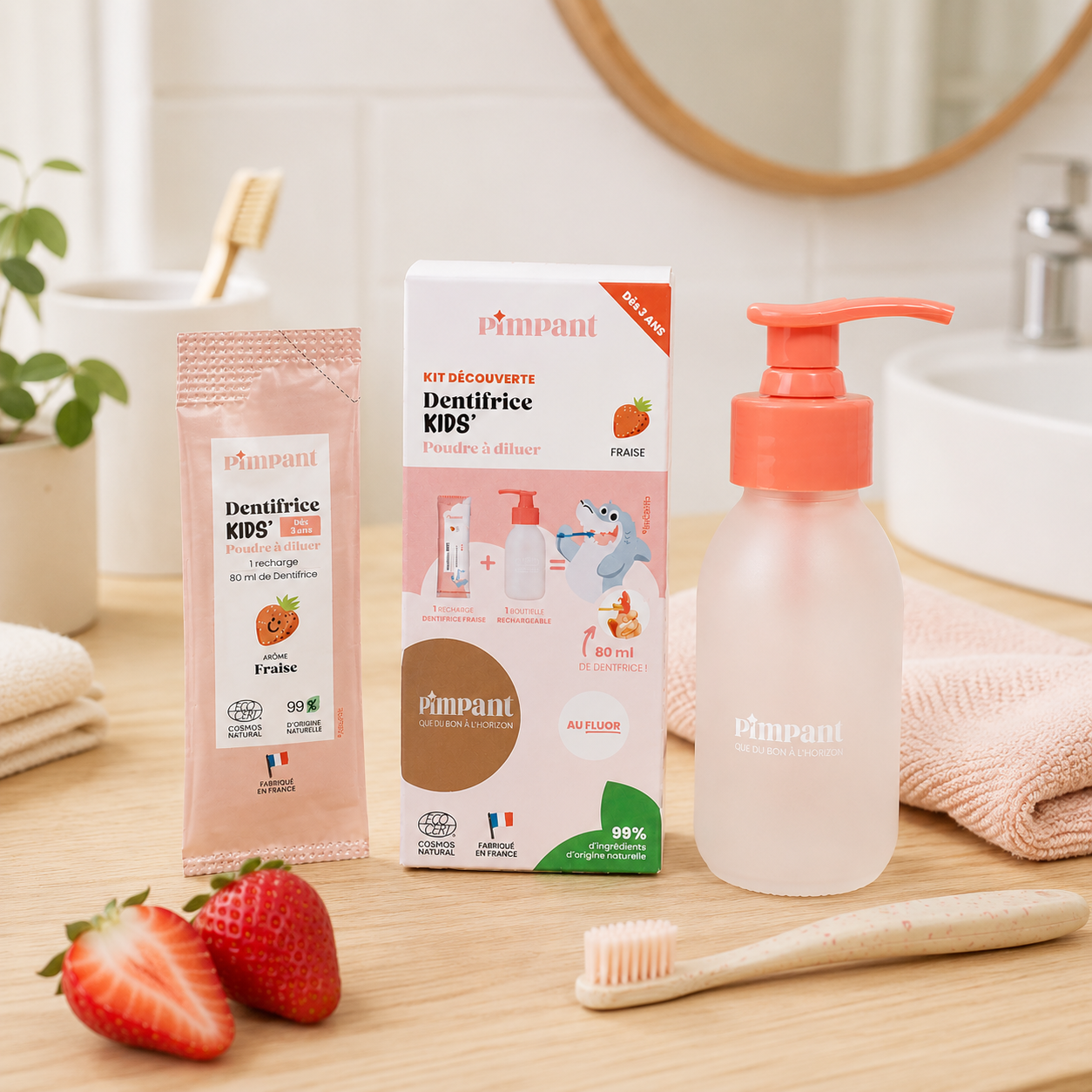 Recharge dentifrice enfant goût fraise avec poudre naturelle et bouteille réutilisable