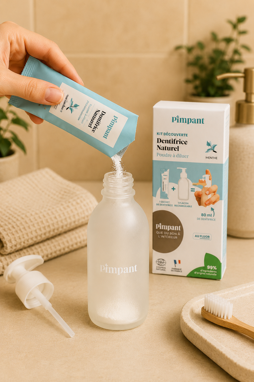Recharge dentifrice naturel Pimpant versée dans un flacon rechargeable dans une salle de bain beige