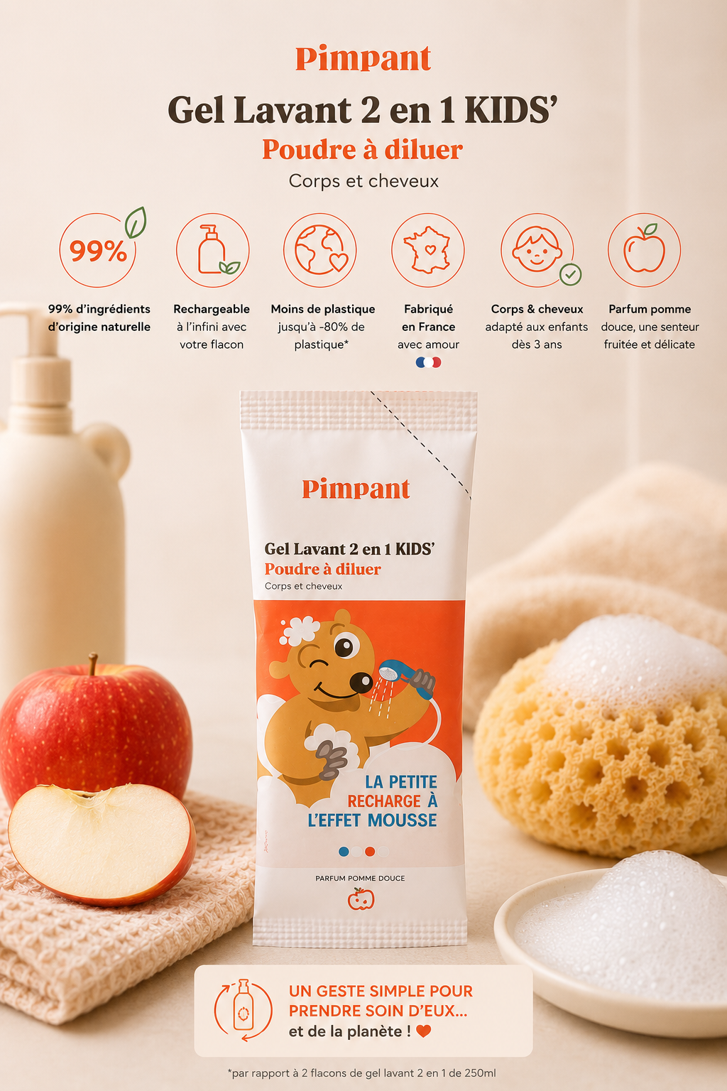 Recharge gel douche enfant Pimpant senteur pomme douce avec ingrédients naturels et packaging éco responsable