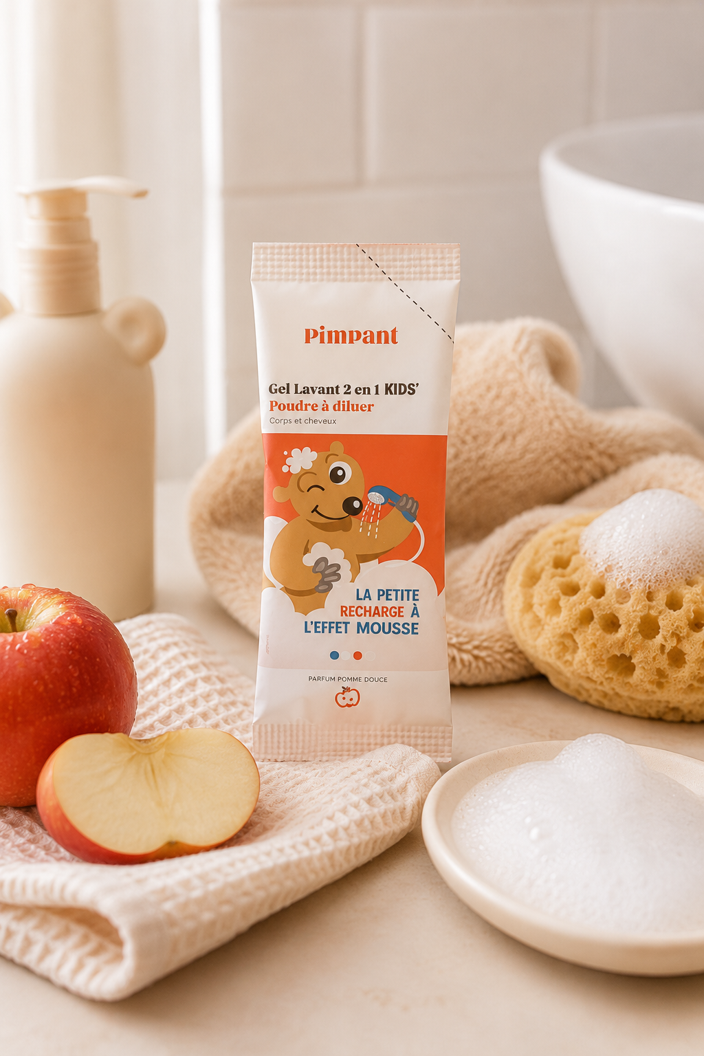 Recharge gel lavant enfant Pimpant parfum pomme avec pomme fraîche et éponge mousse sur fond beige