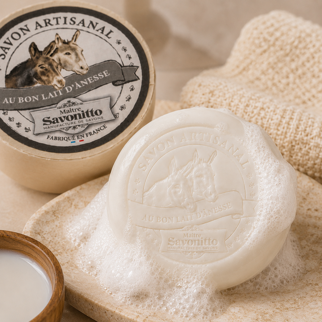Savon artisanal au lait d’ânesse avec mousse crémeuse et décor beige élégant
