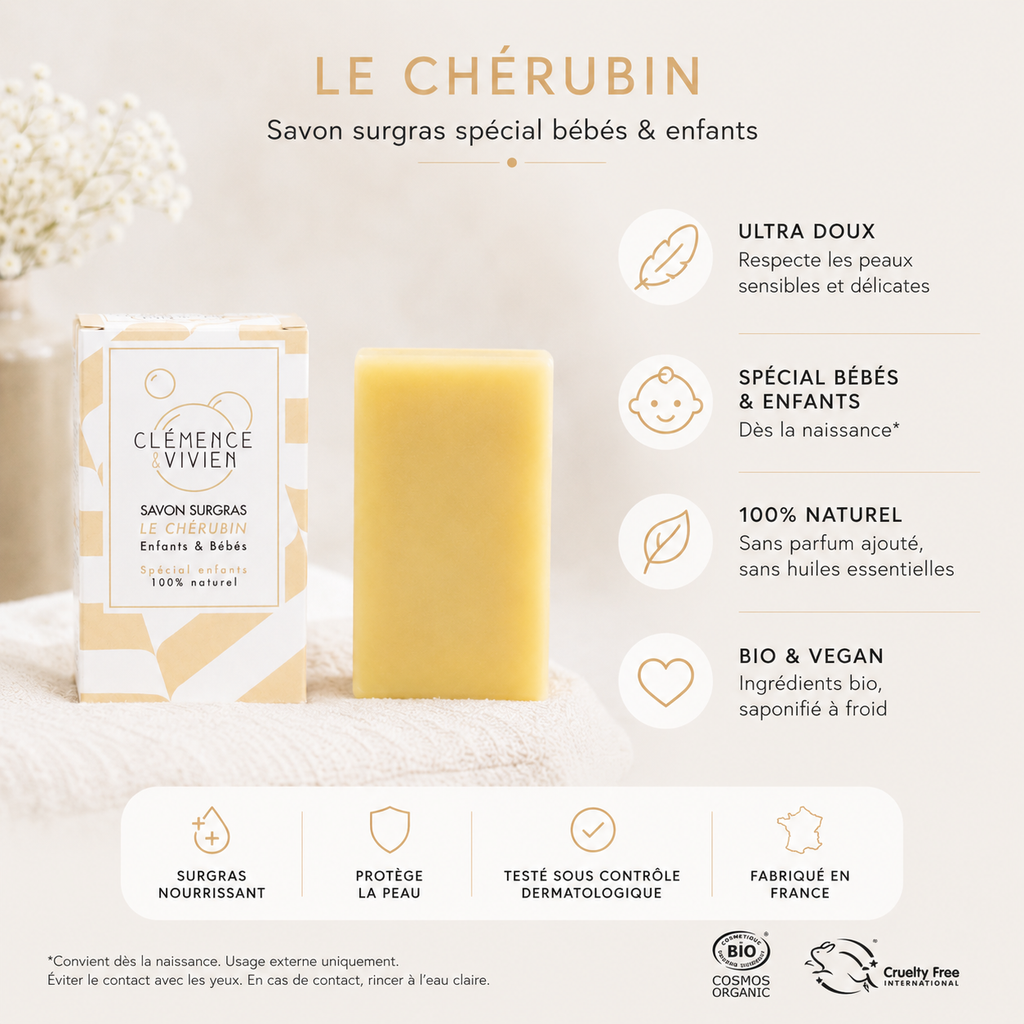 Savon bio Clémence & Vivien pour enfants avec design minimaliste et icônes bienfaits